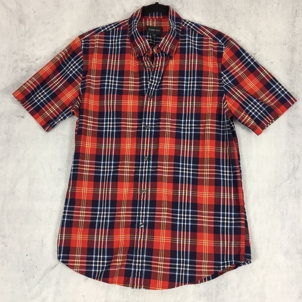 Logan Hill Button Down Plaid Shirt Medium 100% Cotton Short Sleeve